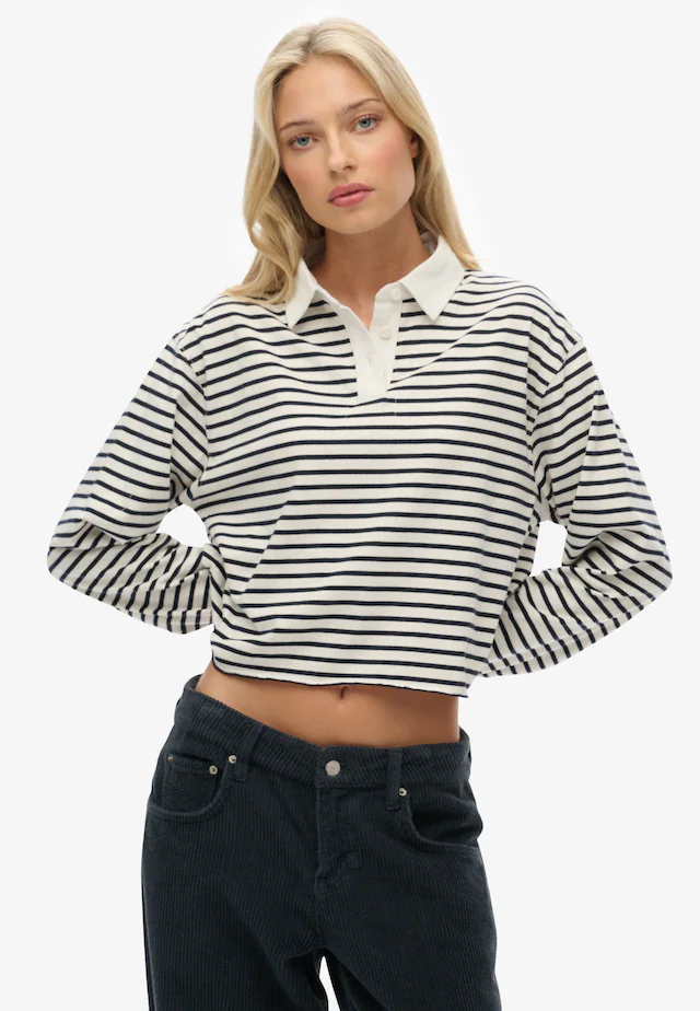 Superdry Langarm-Poloshirt »ATH ESS CROPPED STRIPE RUGBY« Packung, 2 aus Baumwolle und Single Jersey, Oversize-Passform, mit Polokragen