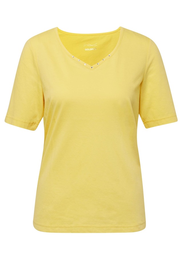 GOLDNER Langarm-Poloshirt »Kurzgröße Halbarm Basic-Shirt aus Baumwolle« Ausschnitt in Herzform mit Schmucksteinen verziert
