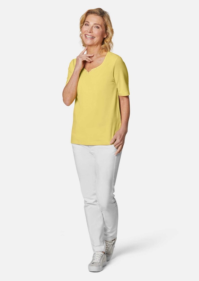 GOLDNER Langarm-Poloshirt »Kurzgröße Halbarm Basic-Shirt aus Baumwolle« Ausschnitt in Herzform mit Schmucksteinen verziert