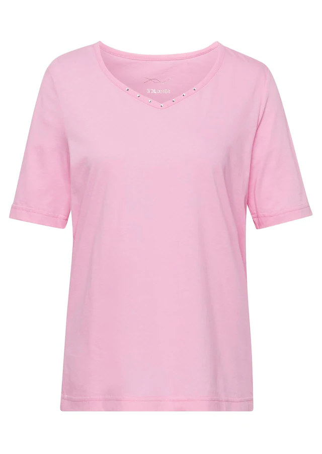 GOLDNER Langarm-Poloshirt »Kurzgröße Halbarm Basic-Shirt aus Baumwolle« Ausschnitt in Herzform mit Schmucksteinen verziert
