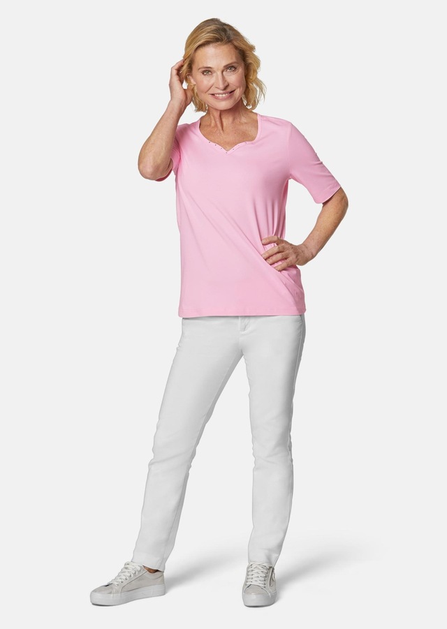 GOLDNER Langarm-Poloshirt »Kurzgröße Halbarm Basic-Shirt aus Baumwolle« Ausschnitt in Herzform mit Schmucksteinen verziert
