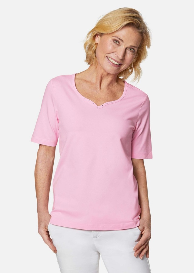 GOLDNER Langarm-Poloshirt »Kurzgröße Halbarm Basic-Shirt aus Baumwolle« Ausschnitt in Herzform mit Schmucksteinen verziert