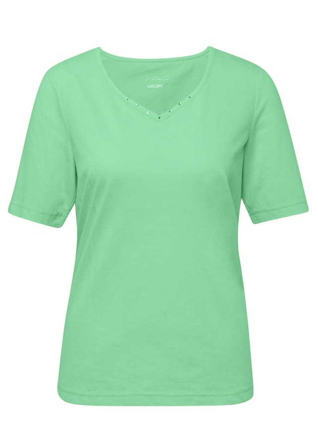 GOLDNER Langarm-Poloshirt »Kurzgröße Halbarm Basic-Shirt aus Baumwolle« Ausschnitt in Herzform mit Schmucksteinen verziert