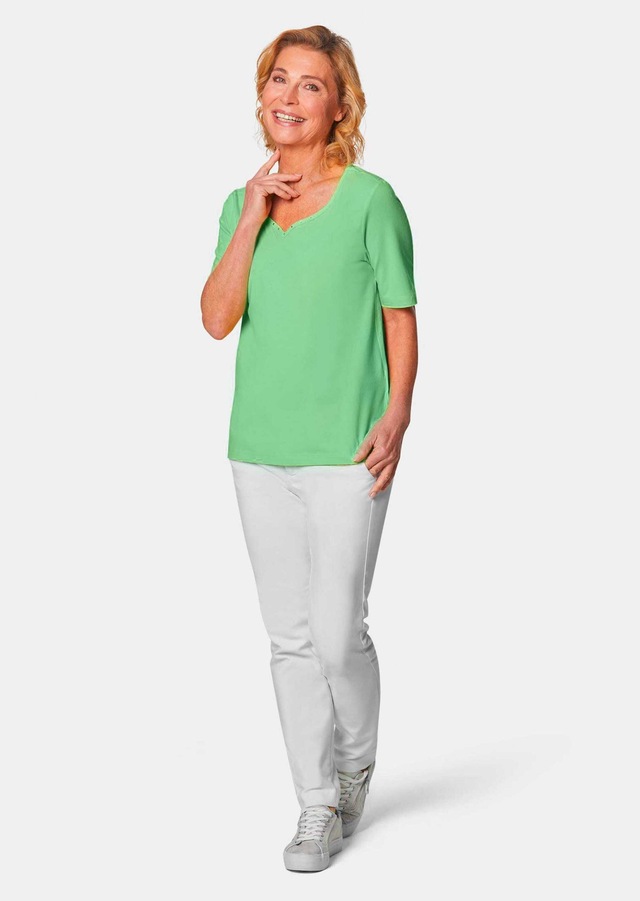 GOLDNER Langarm-Poloshirt »Kurzgröße Halbarm Basic-Shirt aus Baumwolle« Ausschnitt in Herzform mit Schmucksteinen verziert