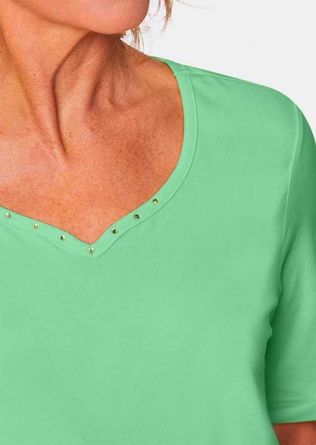 GOLDNER Langarm-Poloshirt »Kurzgröße Halbarm Basic-Shirt aus Baumwolle« Ausschnitt in Herzform mit Schmucksteinen verziert