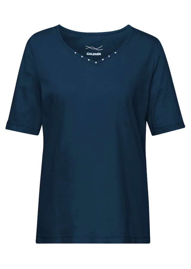 GOLDNER Langarm-Poloshirt »Kurzgröße Halbarm Basic-Shirt aus Baumwolle« Ausschnitt in Herzform mit Schmucksteinen verziert