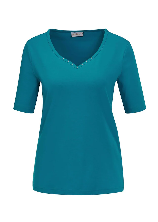 GOLDNER Langarm-Poloshirt »Kurzgröße Halbarm Basic-Shirt aus Baumwolle« Ausschnitt in Herzform mit Schmucksteinen verziert