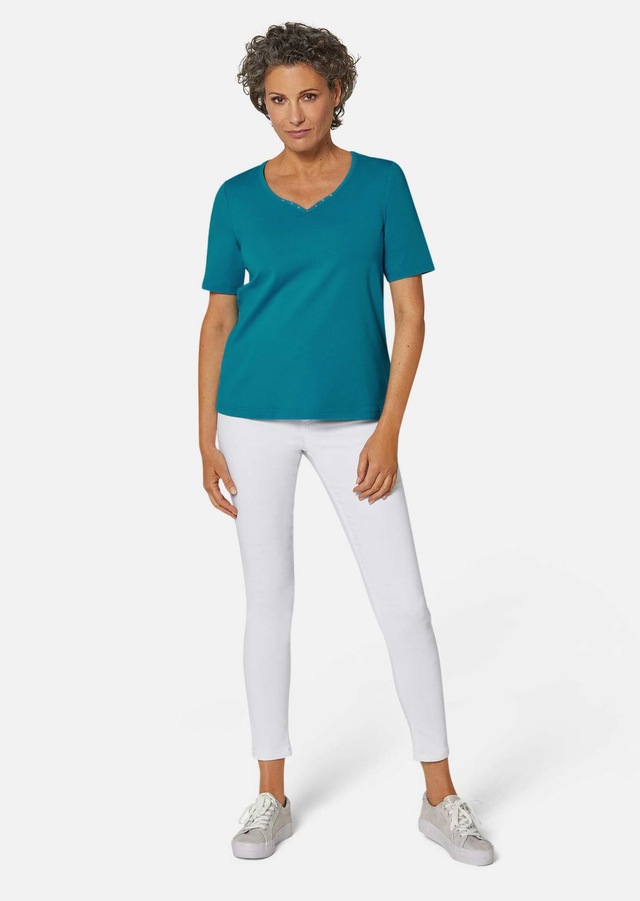 GOLDNER Langarm-Poloshirt »Kurzgröße Halbarm Basic-Shirt aus Baumwolle« Ausschnitt in Herzform mit Schmucksteinen verziert