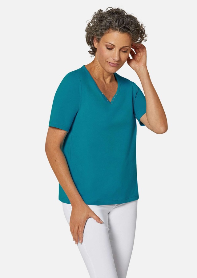GOLDNER Langarm-Poloshirt »Kurzgröße Halbarm Basic-Shirt aus Baumwolle« Ausschnitt in Herzform mit Schmucksteinen verziert