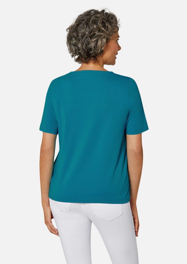 GOLDNER Langarm-Poloshirt »Kurzgröße Halbarm Basic-Shirt aus Baumwolle« Ausschnitt in Herzform mit Schmucksteinen verziert