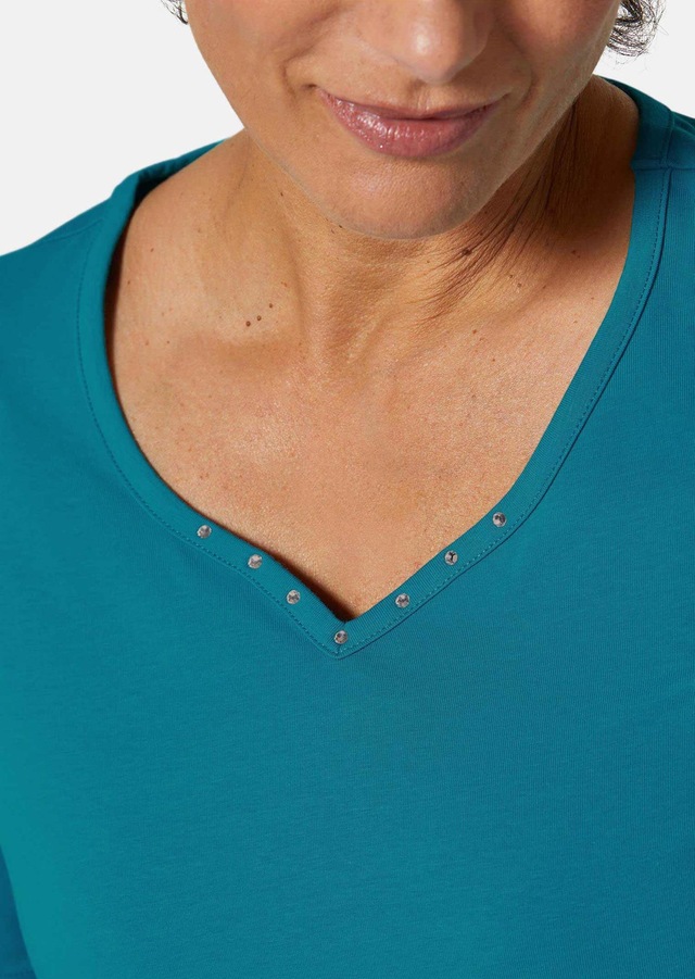 GOLDNER Langarm-Poloshirt »Kurzgröße Halbarm Basic-Shirt aus Baumwolle« Ausschnitt in Herzform mit Schmucksteinen verziert