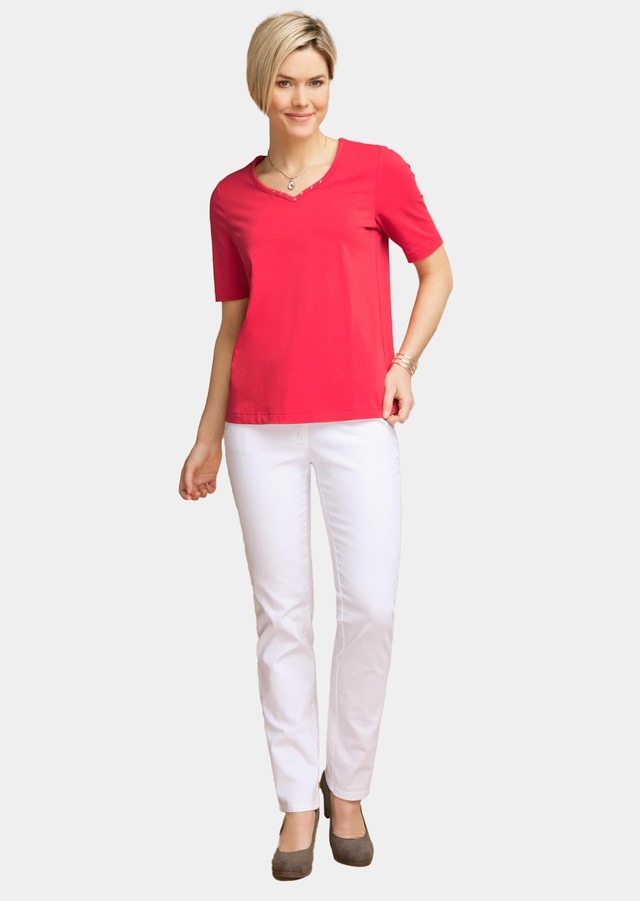 GOLDNER Langarm-Poloshirt »Kurzgröße Halbarm Basic-Shirt aus Baumwolle« Ausschnitt in Herzform mit Schmucksteinen verziert