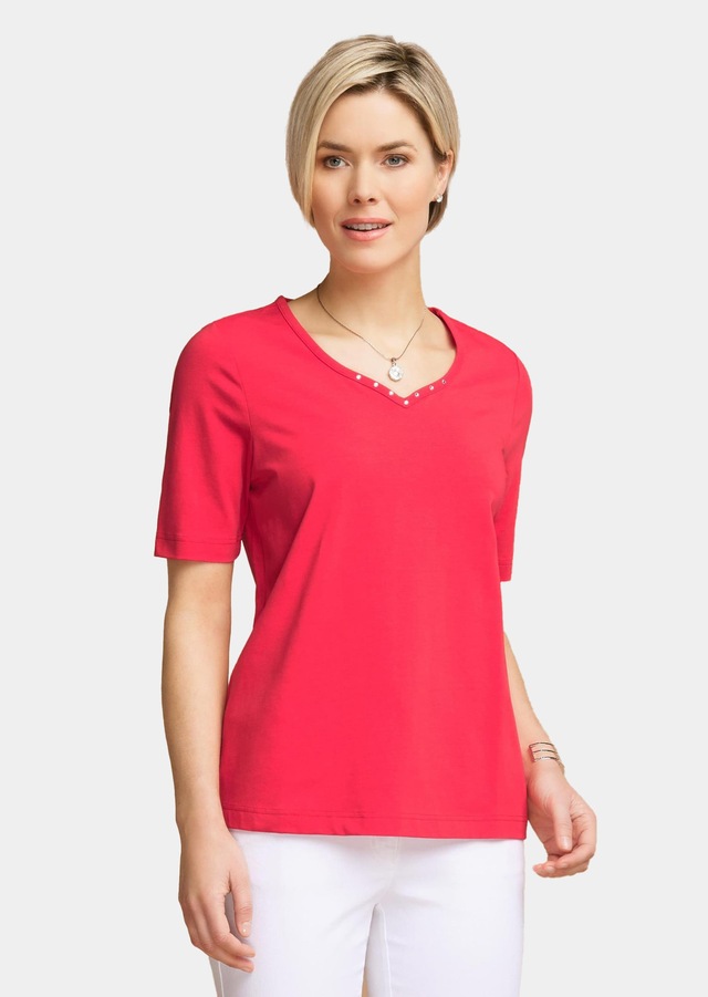 GOLDNER Langarm-Poloshirt »Kurzgröße Halbarm Basic-Shirt aus Baumwolle« Ausschnitt in Herzform mit Schmucksteinen verziert