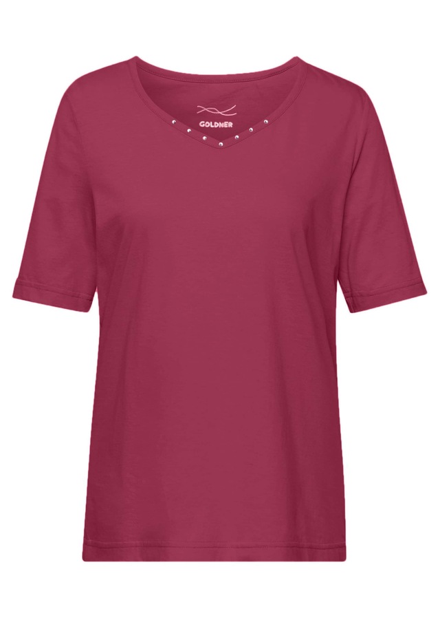GOLDNER Langarm-Poloshirt »Kurzgröße Halbarm Basic-Shirt aus Baumwolle« Ausschnitt in Herzform mit Schmucksteinen verziert