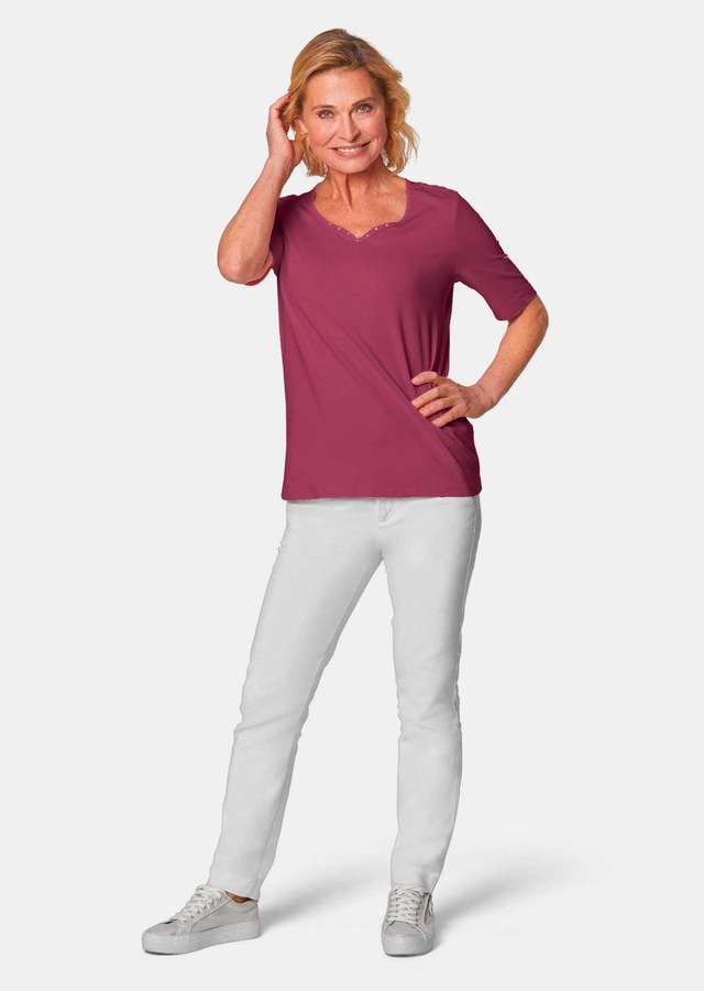 GOLDNER Langarm-Poloshirt »Kurzgröße Halbarm Basic-Shirt aus Baumwolle« Ausschnitt in Herzform mit Schmucksteinen verziert