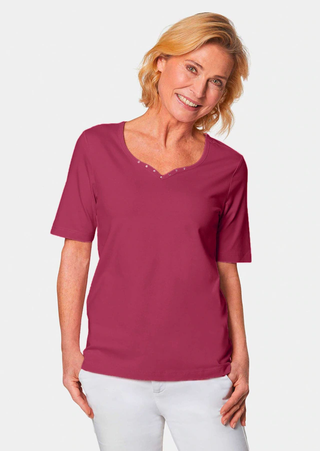 GOLDNER Langarm-Poloshirt »Kurzgröße Halbarm Basic-Shirt aus Baumwolle« Ausschnitt in Herzform mit Schmucksteinen verziert