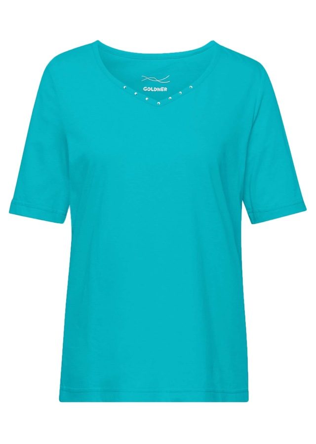 GOLDNER Langarm-Poloshirt »Kurzgröße Halbarm Basic-Shirt aus Baumwolle« Ausschnitt in Herzform mit Schmucksteinen verziert