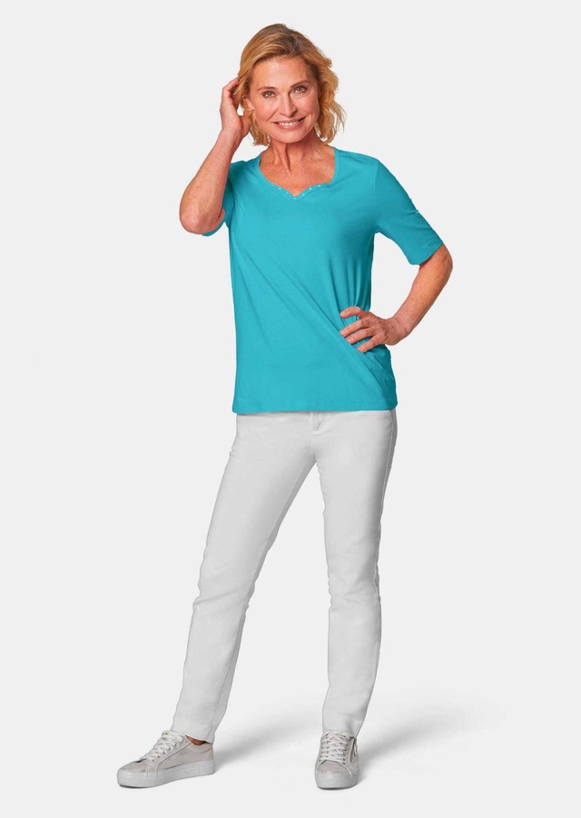 GOLDNER Langarm-Poloshirt »Kurzgröße Halbarm Basic-Shirt aus Baumwolle« Ausschnitt in Herzform mit Schmucksteinen verziert