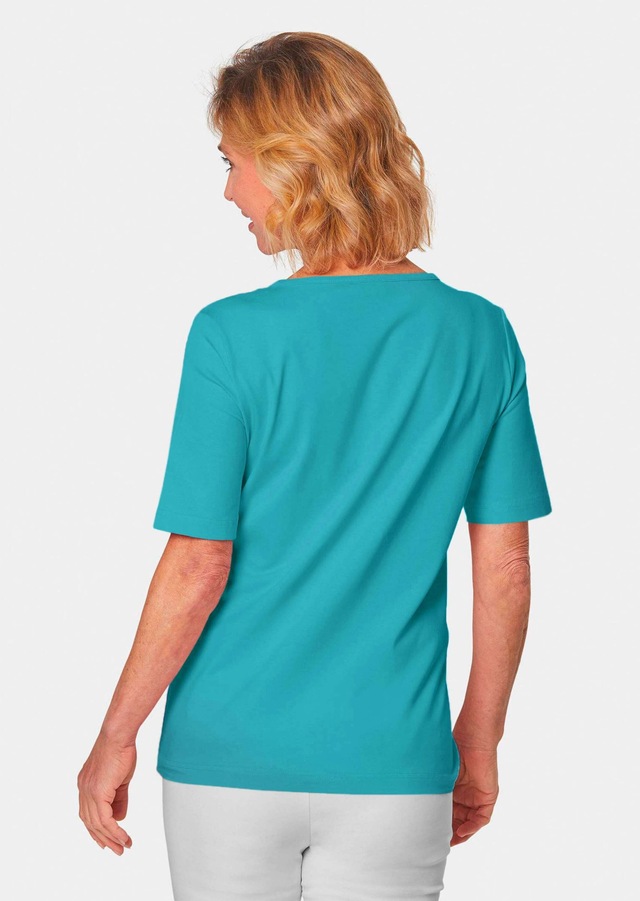 GOLDNER Langarm-Poloshirt »Kurzgröße Halbarm Basic-Shirt aus Baumwolle« Ausschnitt in Herzform mit Schmucksteinen verziert