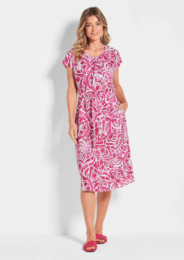 GOLDNER Sommerkleid »Leinenkleid Ethno, Halbarm« Eingrifftaschen Mit Bindegürtel und Taschen