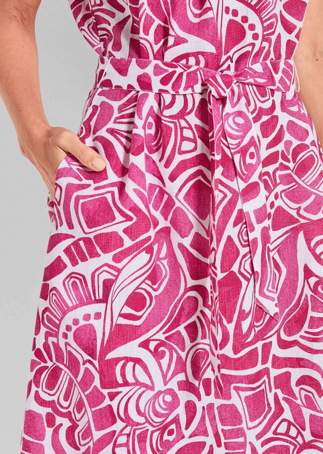 GOLDNER Sommerkleid »Leinenkleid Ethno, Halbarm« Eingrifftaschen Mit Bindegürtel und Taschen