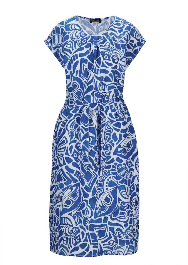 GOLDNER Sommerkleid »Leinenkleid Ethno, Halbarm« Eingrifftaschen Mit Bindegürtel und Taschen