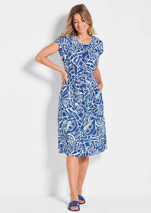 GOLDNER Sommerkleid »Leinenkleid Ethno, Halbarm« Eingrifftaschen Mit Bindegürtel und Taschen