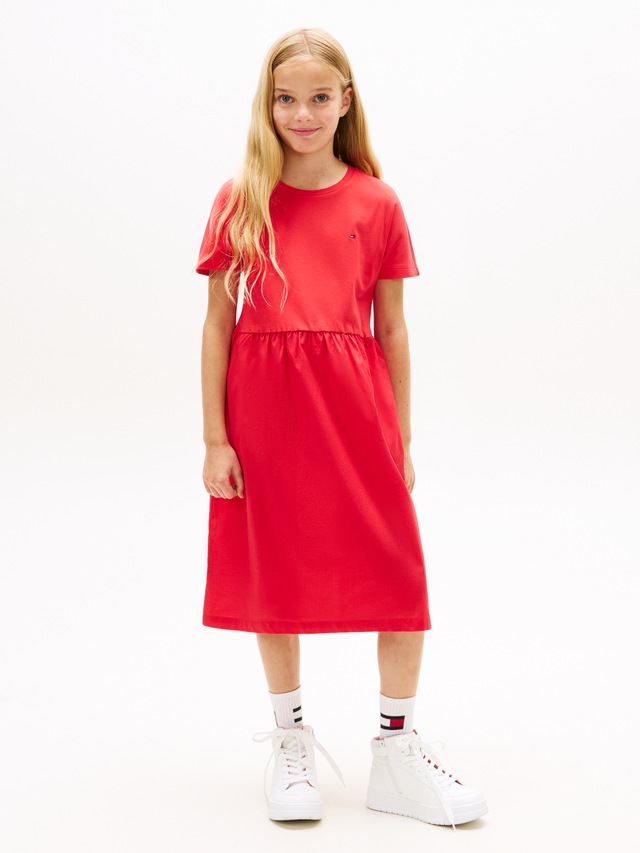 Tommy Hilfiger Jerseykleid »MIX MEDIA DRESS SHORT SLEEVE« Eingrifftaschen Kinder bis 16 Jahre, geraffte Taille, Relaxed Fit