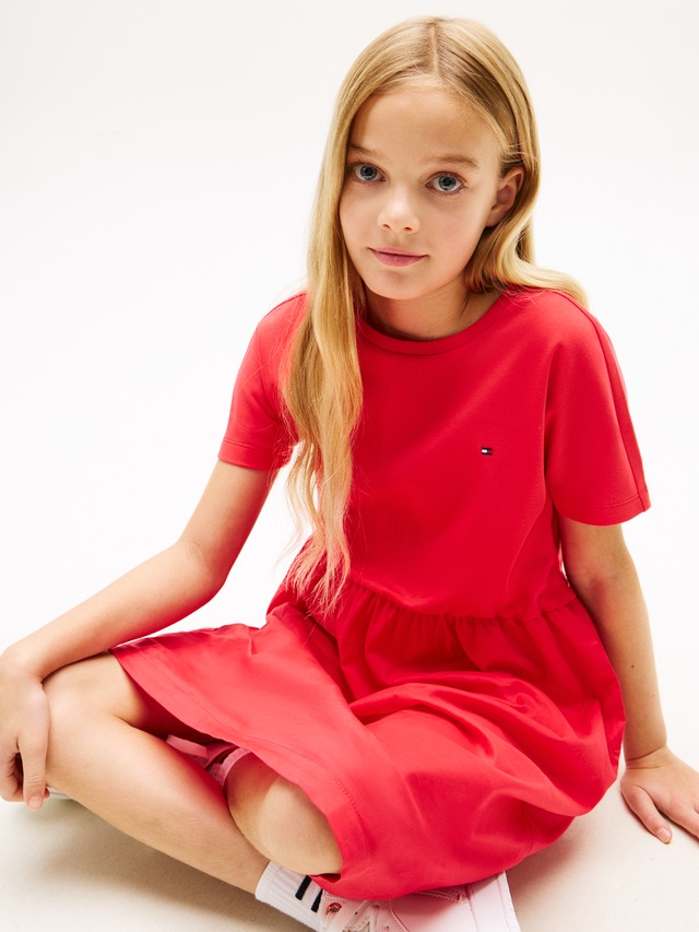 Tommy Hilfiger Jerseykleid »MIX MEDIA DRESS SHORT SLEEVE« Eingrifftaschen Kinder bis 16 Jahre, geraffte Taille, Relaxed Fit