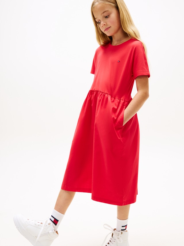 Tommy Hilfiger Jerseykleid »MIX MEDIA DRESS SHORT SLEEVE« Eingrifftaschen Kinder bis 16 Jahre, geraffte Taille, Relaxed Fit