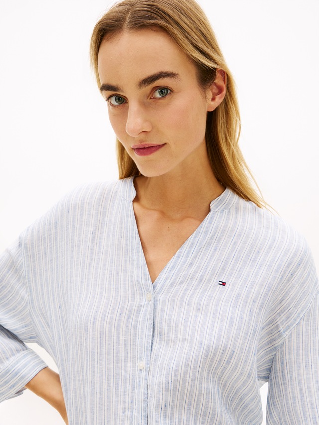 Tommy Hilfiger Shirtbluse »ESS LINEN COLLARLESS SHIRT« mit Logo-Stickerei