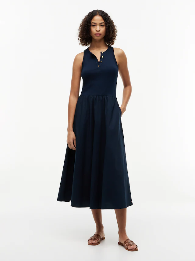 Tommy Hilfiger A-Linien-Kleid »GOLD BUTTON POPLIN MIX DRESS« Ohne Tasche Baumwollmischung, mit goldfarbenen Knöpfen