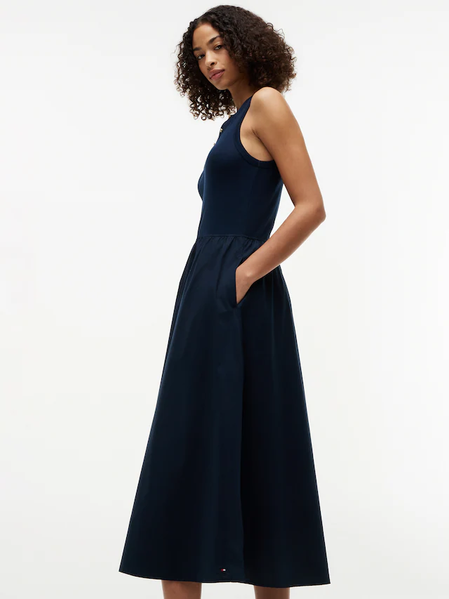 Tommy Hilfiger A-Linien-Kleid »GOLD BUTTON POPLIN MIX DRESS« Ohne Tasche Baumwollmischung, mit goldfarbenen Knöpfen