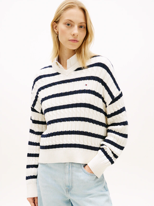 Tommy Hilfiger Strickpullover »CO CABLE MID GG RLX LS V-NK SWT« mit Zopfmuster