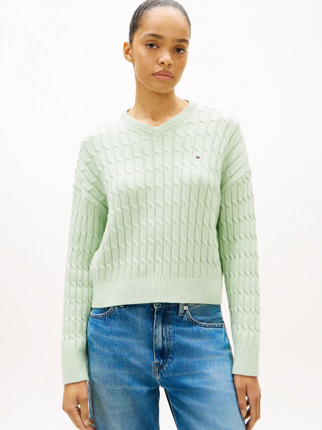 Tommy Hilfiger Strickpullover »CO CABLE MID GG RLX LS V-NK SWT« mit Zopfmuster