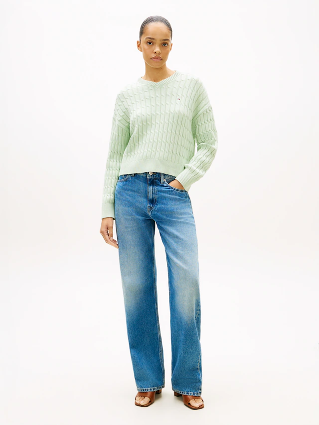 Tommy Hilfiger Strickpullover »CO CABLE MID GG RLX LS V-NK SWT« mit Zopfmuster
