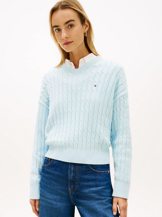 Tommy Hilfiger Strickpullover »CO CABLE MID GG RLX LS V-NK SWT« mit Zopfmuster