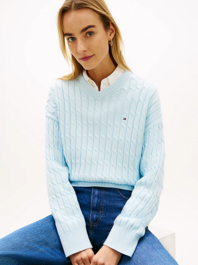 Tommy Hilfiger Strickpullover »CO CABLE MID GG RLX LS V-NK SWT« mit Zopfmuster