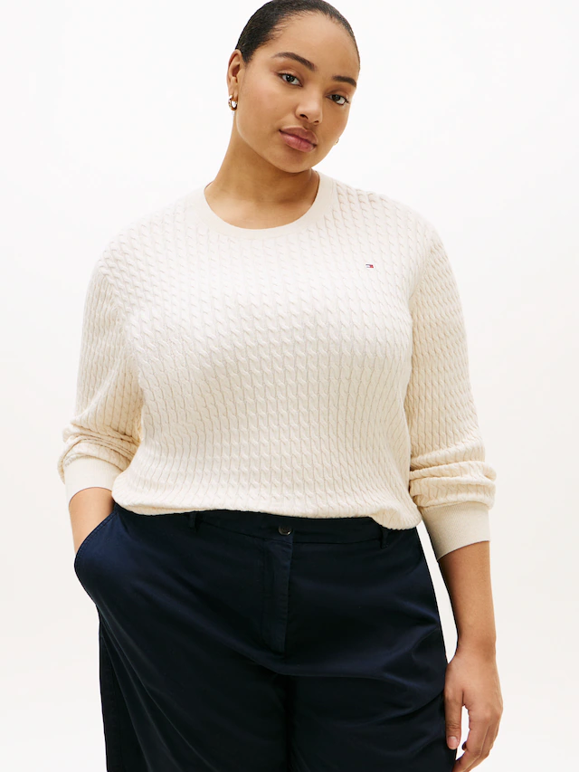 Tommy Hilfiger Curve Rundhalspullover »CRV CO CABLE FINE GG CNK SWEATER« in großen Größen, mit Zopfmuster