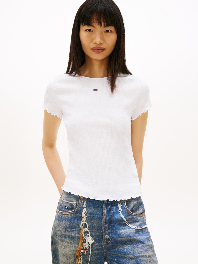 Tommy Jeans Kurzarmshirt »TJW SLIM SMOCK SS TEE« aus Seersucker, mit Kräuselsaum