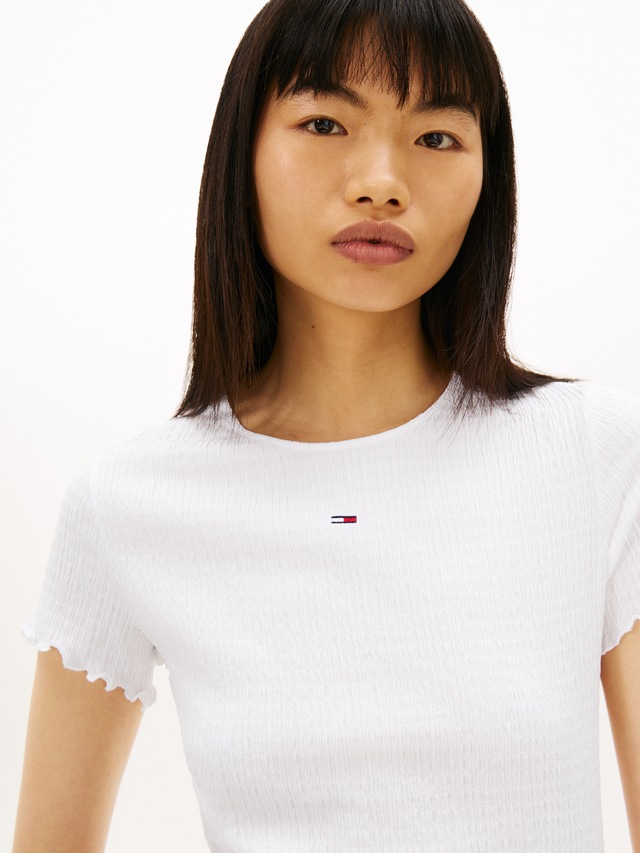Tommy Jeans Kurzarmshirt »TJW SLIM SMOCK SS TEE« aus Seersucker, mit Kräuselsaum