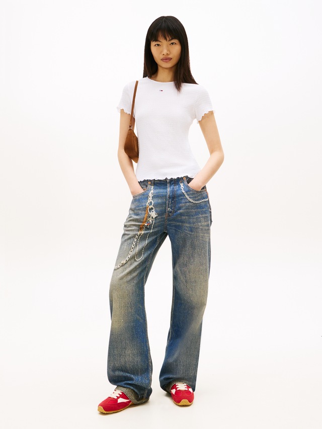 Tommy Jeans Kurzarmshirt »TJW SLIM SMOCK SS TEE« aus Seersucker, mit Kräuselsaum