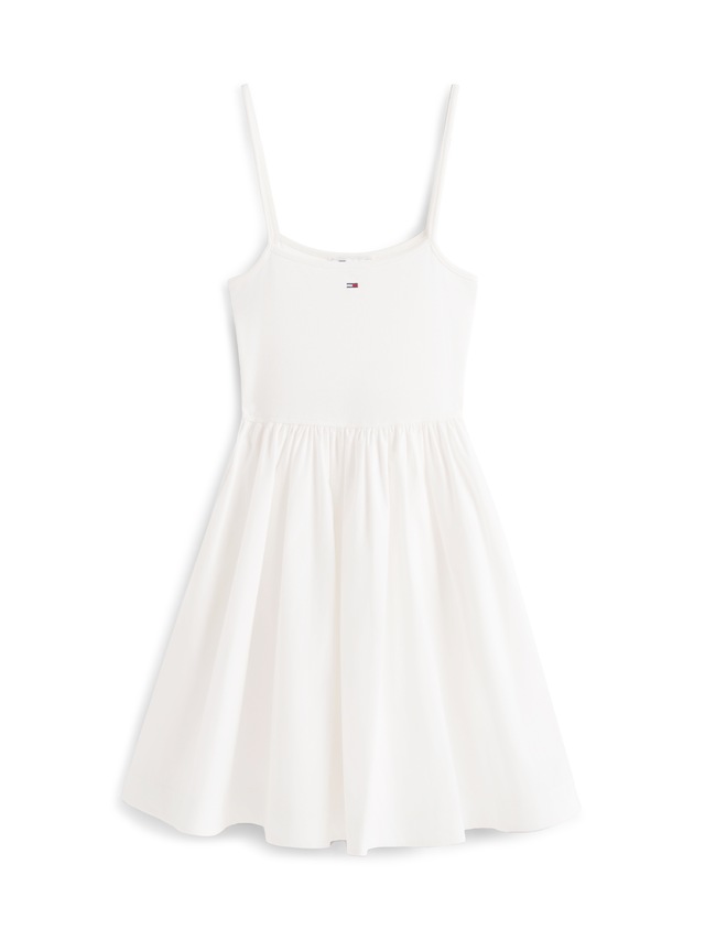 Tommy Jeans Spaghettikleid »TJW RIB POPLIN MIX STRAPPY DRESS« Eingrifftaschen Super Slim mit Falten am Rock