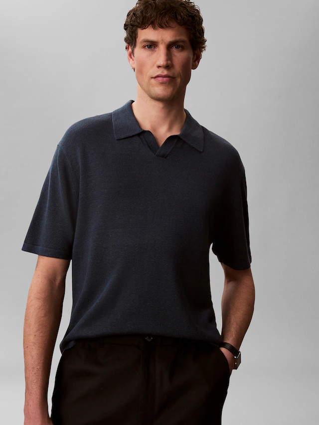 Calvin Klein Kurzarmpullover Feinstrick aus Leinenmix, Regular Fit, Polokragen