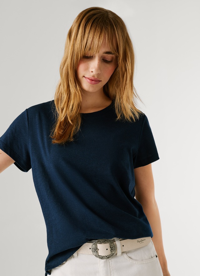 Pepe Jeans T-Shirt »MEGAN« mit Leinenanteil, Logostickerei auf der Brust