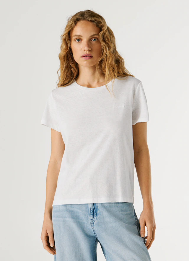 Pepe Jeans T-Shirt »MEGAN« mit Leinenanteil, Logostickerei auf der Brust