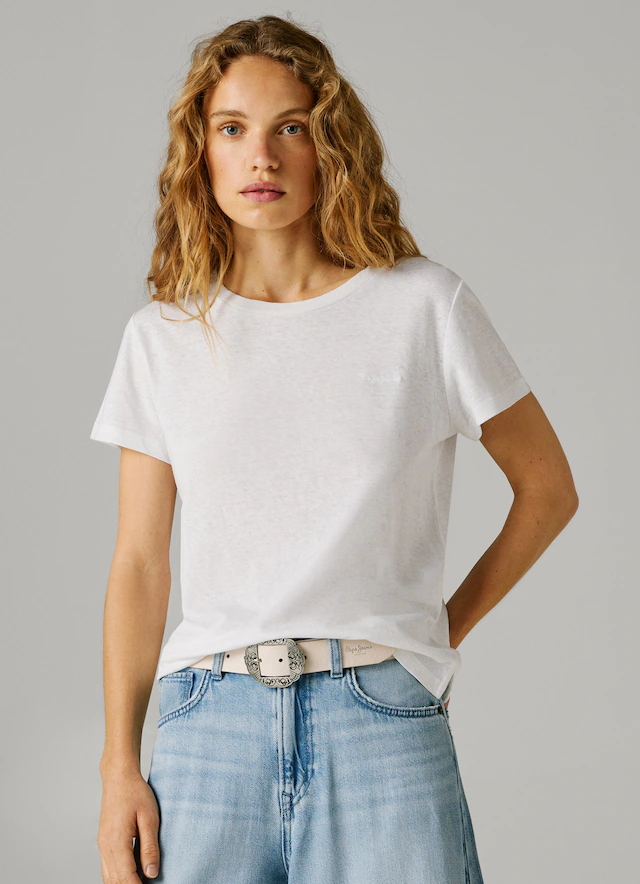 Pepe Jeans T-Shirt »MEGAN« mit Leinenanteil, Logostickerei auf der Brust