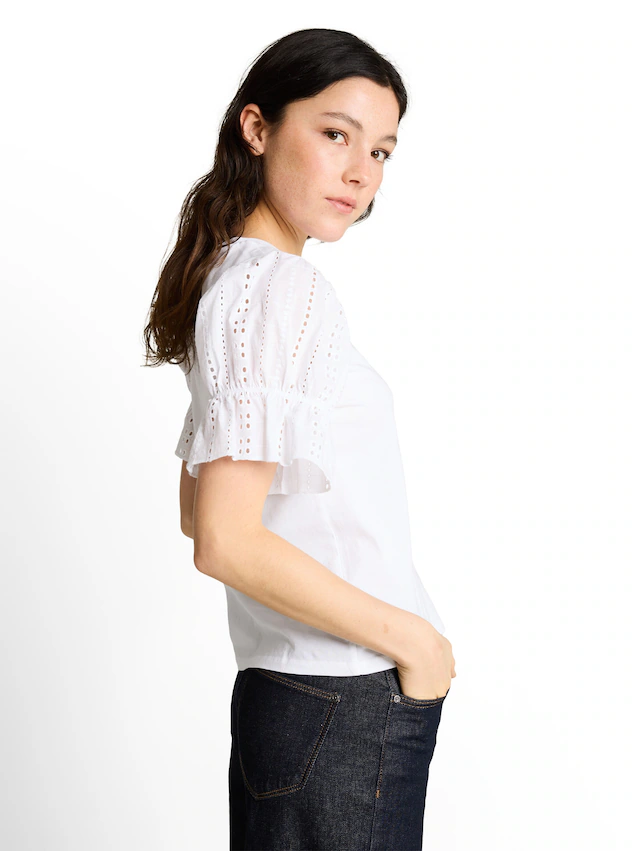 TOM TAILOR Denim Rundhalsshirt Sommershirt mit Häkel-Ärmel
