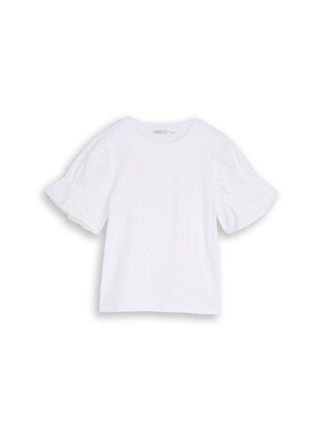 TOM TAILOR Denim Rundhalsshirt Sommershirt mit Häkel-Ärmel