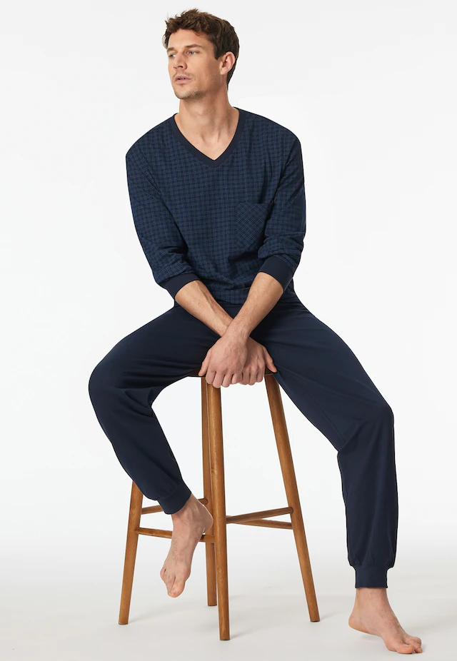 Schiesser Pyjama »Comfort Essentials« 2 tlg. V-Ausschnitt, Brusttasche, Baumwolle, Langarm